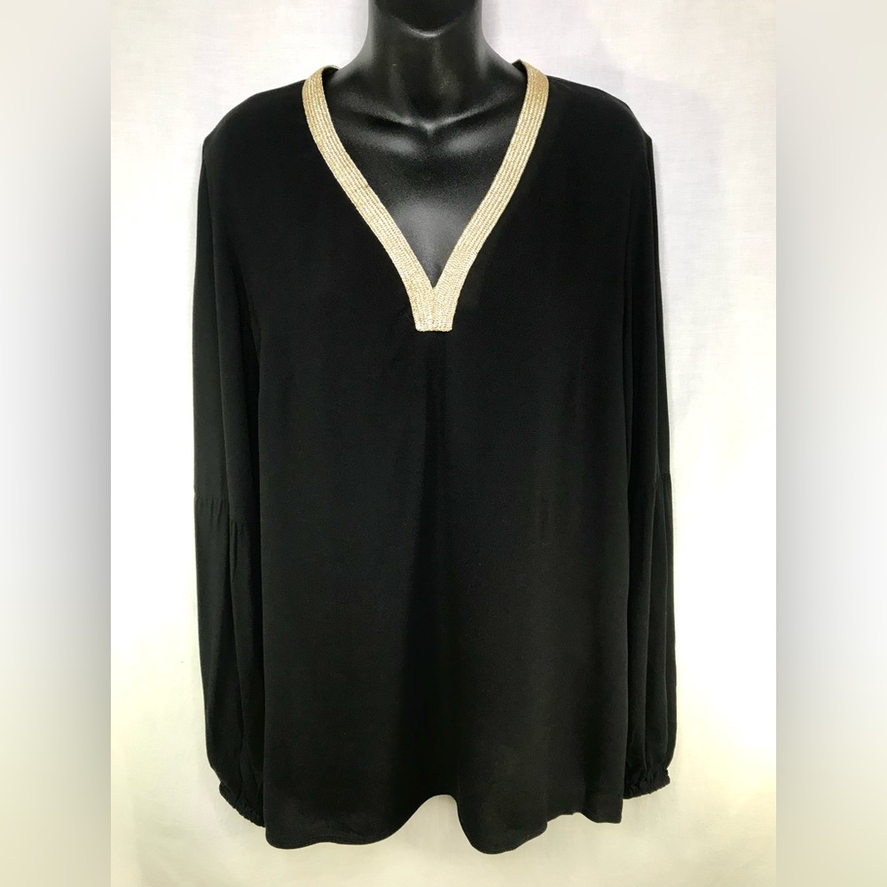 Michael Kors Blouse Black Size Small Long Sleeve Viscose Top Gold V Neck